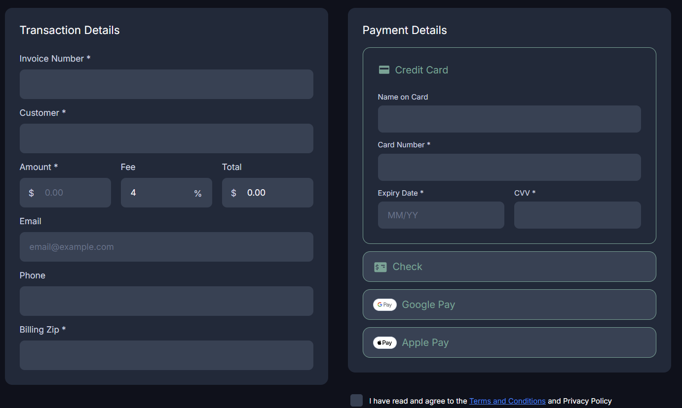 Example attorney payment checkout with an invoice number, payment amount, clearly shown card fee, and card, check, Google Pay, and Apple Pay options.